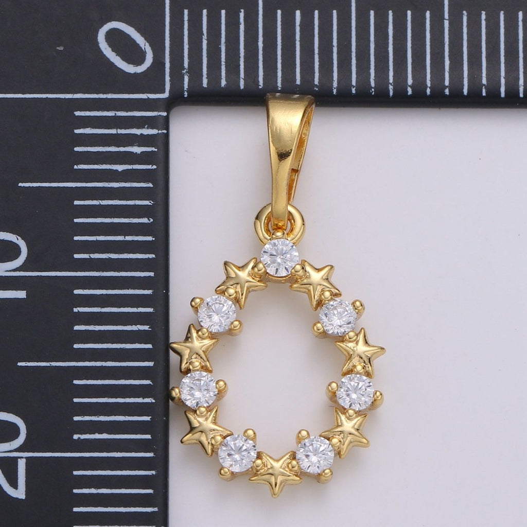 24K Gold plated Moon And Star cubic Wreath Charm, Micro Pave CZ Oval Pendant, Pendant, J-224 - DLUXCA