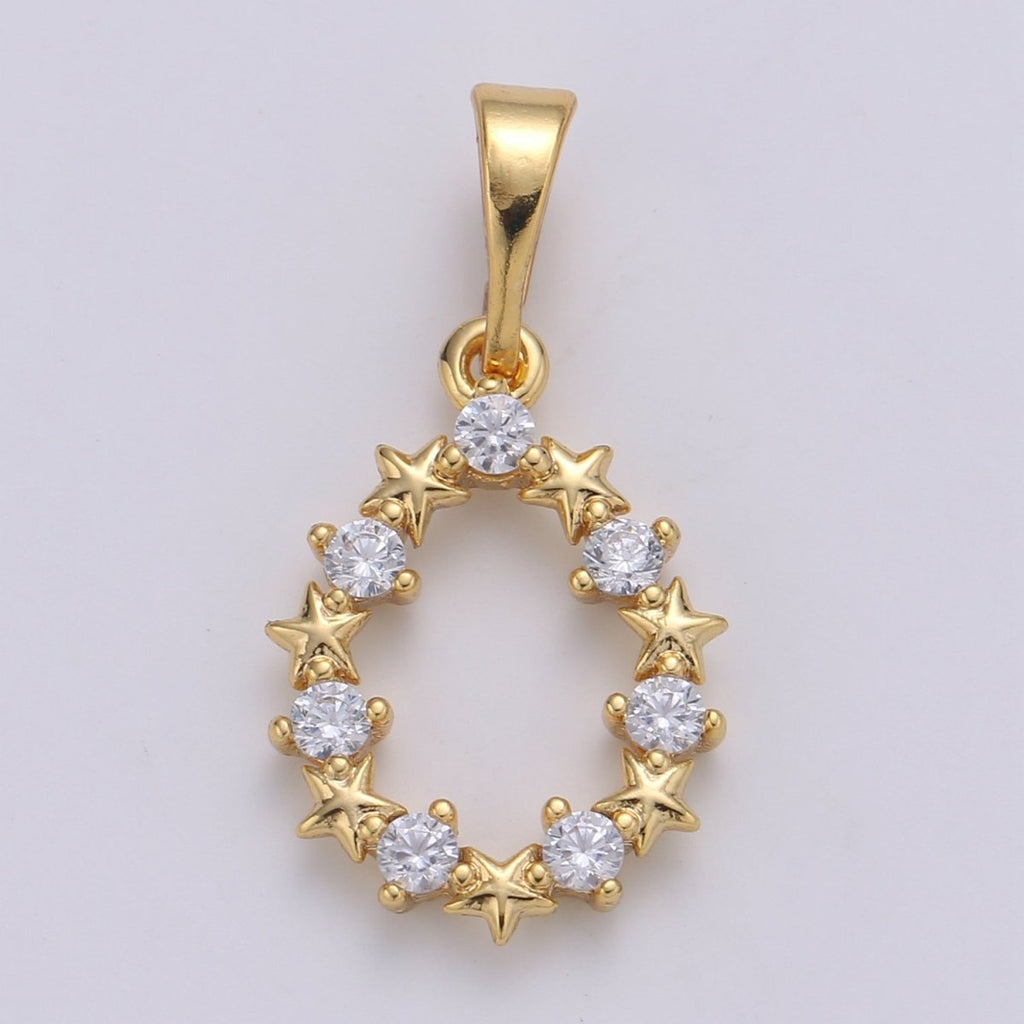 24K Gold plated Moon And Star cubic Wreath Charm, Micro Pave CZ Oval Pendant, Pendant, J-224 - DLUXCA