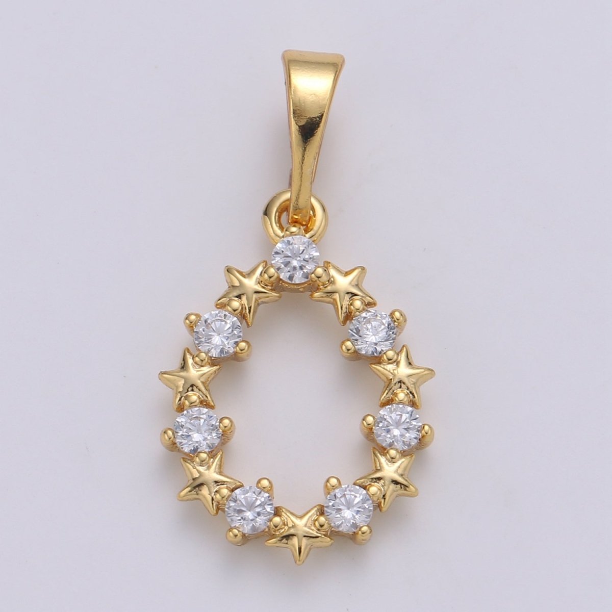 24K Gold plated Moon And Star cubic Wreath Charm, Micro Pave CZ Oval Pendant, Pendant, J-224 - DLUXCA