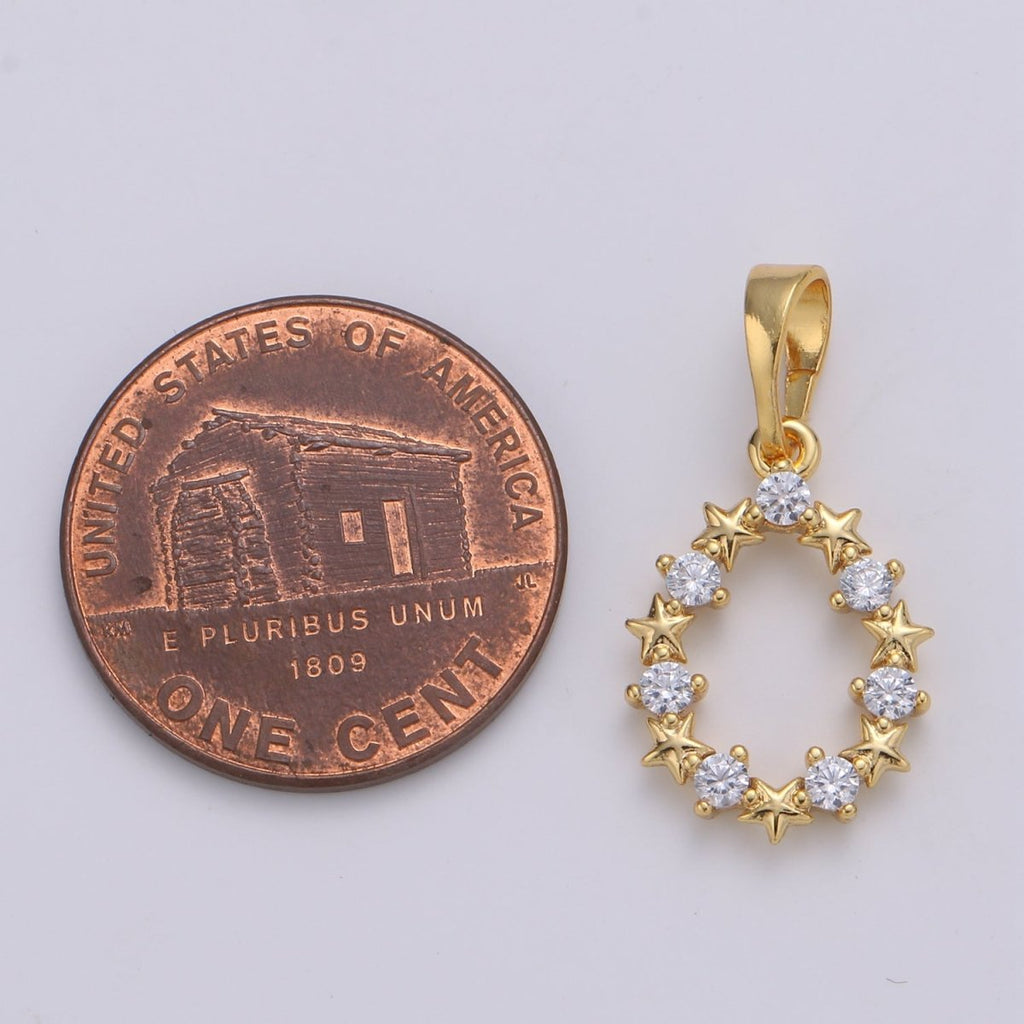 24K Gold plated Moon And Star cubic Wreath Charm, Micro Pave CZ Oval Pendant, Pendant, J-224 - DLUXCA