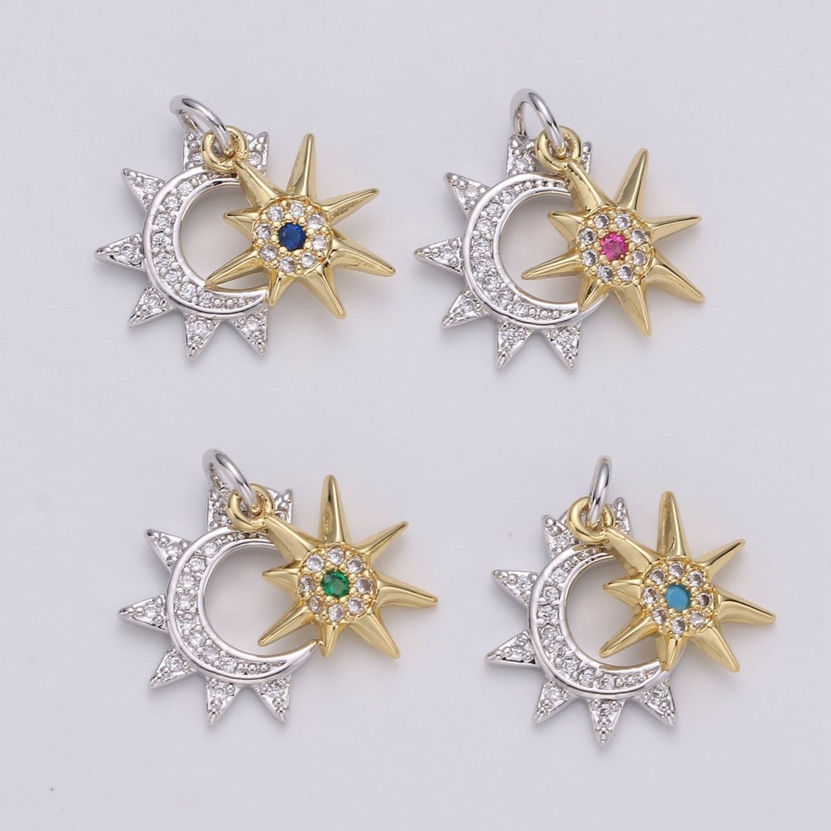 24K Gold plated Moon Charm, Crescent Moon Pendant, Micro Pave Star Necklace, Dainty Gold Celestial Jewelry Making Supply Aurora Necklace D-446 - D-449