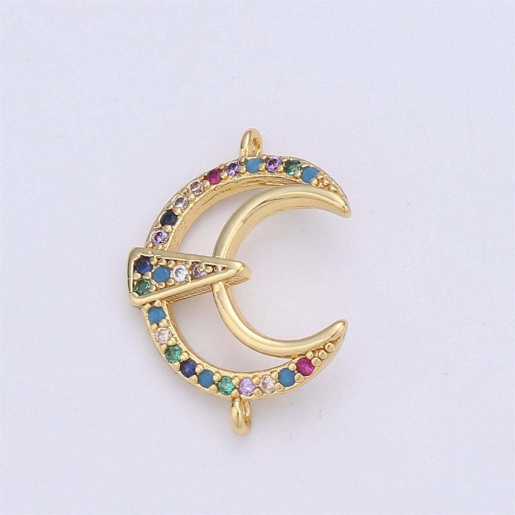 24k gold plated Moon Connector Rainbow Micro Pave Crescent Moon Charm Connector for Bracelet Necklace Earring Component F-332 - DLUXCA