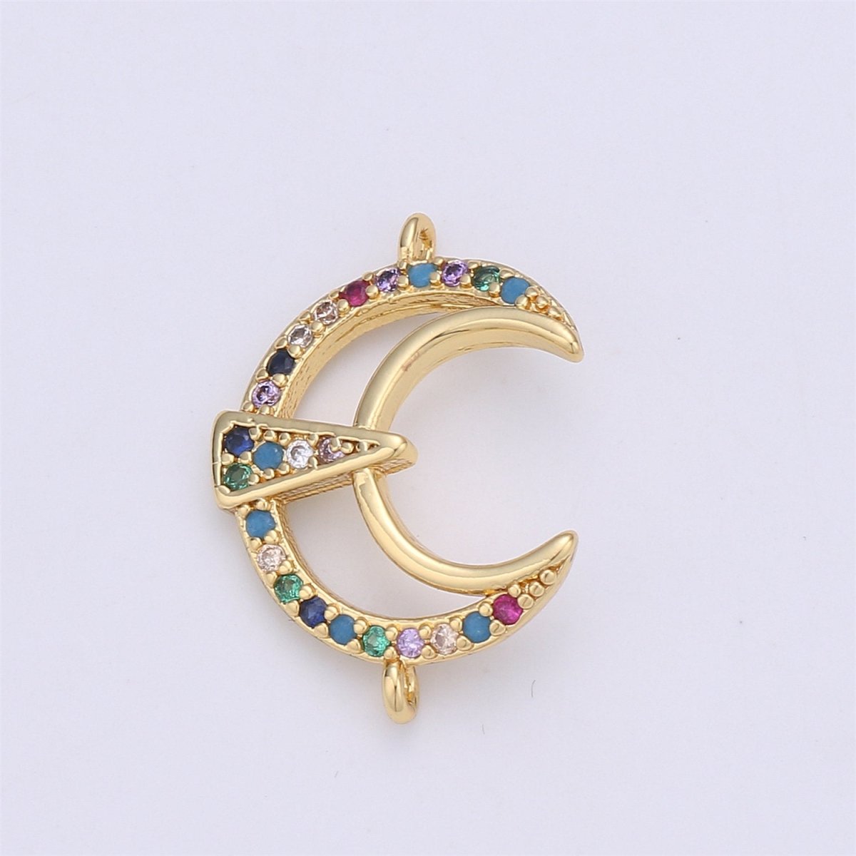 24k gold plated Moon Connector Rainbow Micro Pave Crescent Moon Charm Connector for Bracelet Necklace Earring Component F-332 - DLUXCA
