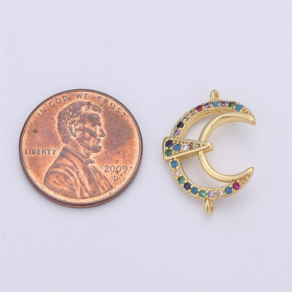 24k gold plated Moon Connector Rainbow Micro Pave Crescent Moon Charm Connector for Bracelet Necklace Earring Component F-332 - DLUXCA