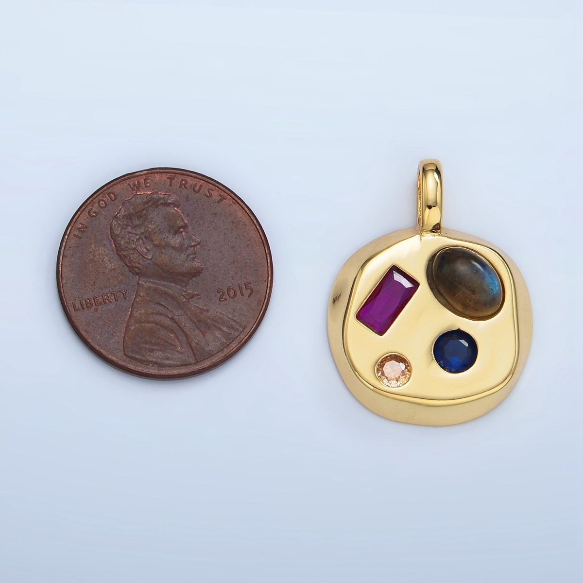 24K Gold plated Moonstone, Amazonite, Labradorite Cabochon Multicolor CZ Round Pendant | AA970 - AA972