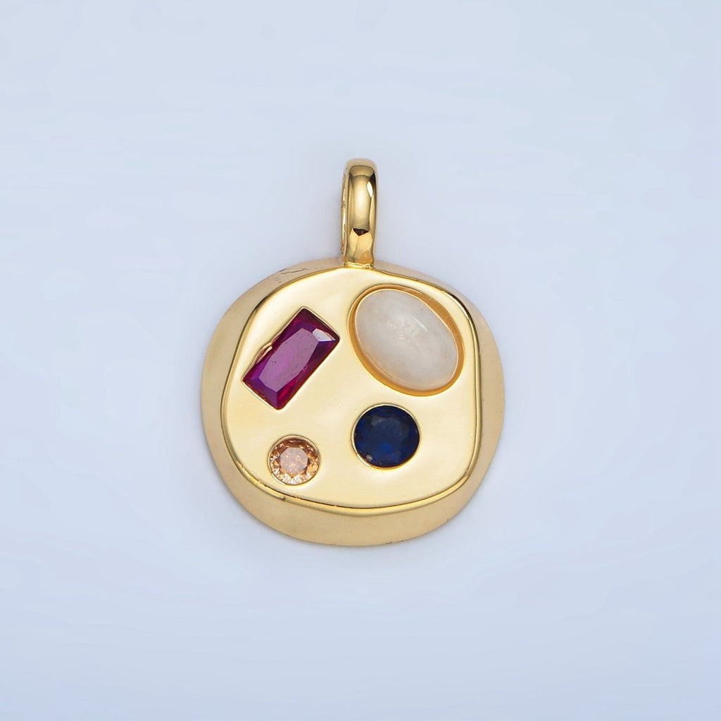 24K Gold plated Moonstone, Amazonite, Labradorite Cabochon Multicolor CZ Round Pendant | AA970 - AA972