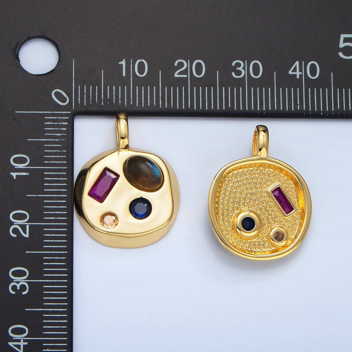 24K Gold plated Moonstone, Amazonite, Labradorite Cabochon Multicolor CZ Round Pendant | AA970 - AA972