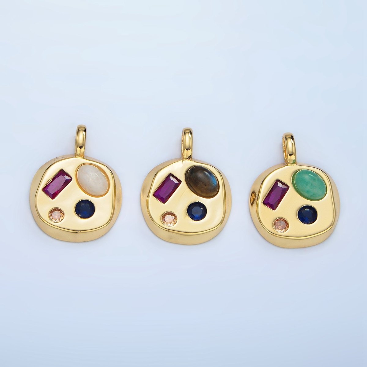 24K Gold plated Moonstone, Amazonite, Labradorite Cabochon Multicolor CZ Round Pendant | AA970 - AA972