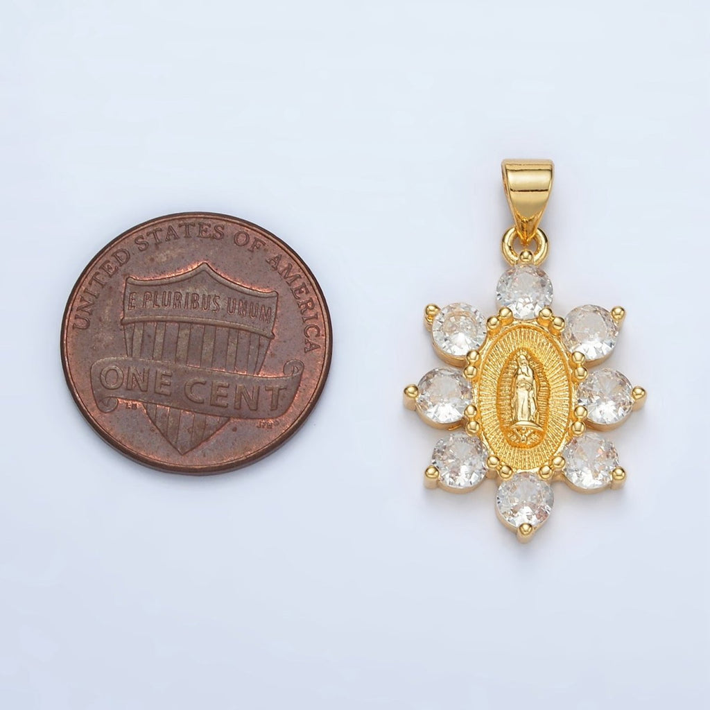 24K Gold plated Mother Mary Religious Figure CZ Dotted Flower Outline Pendant | AA1419 - DLUXCA