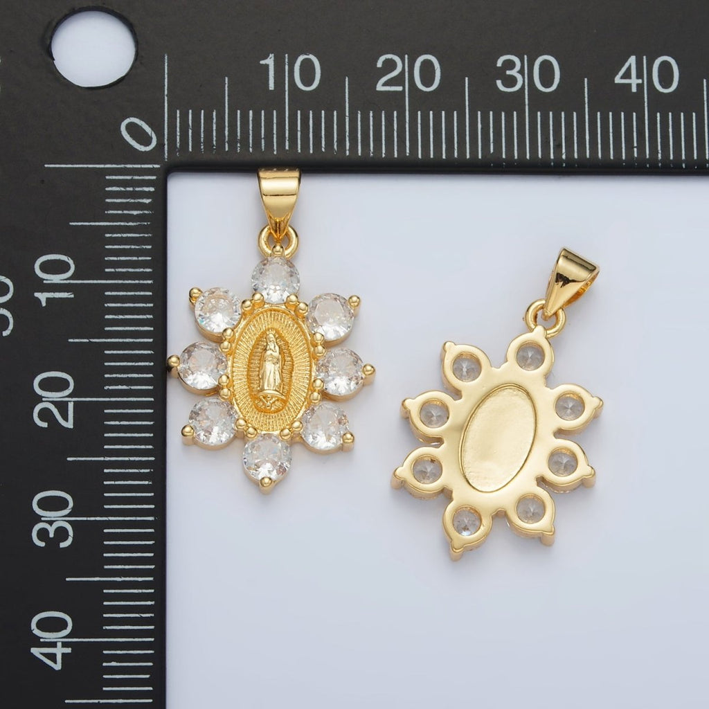 24K Gold plated Mother Mary Religious Figure CZ Dotted Flower Outline Pendant | AA1419 - DLUXCA