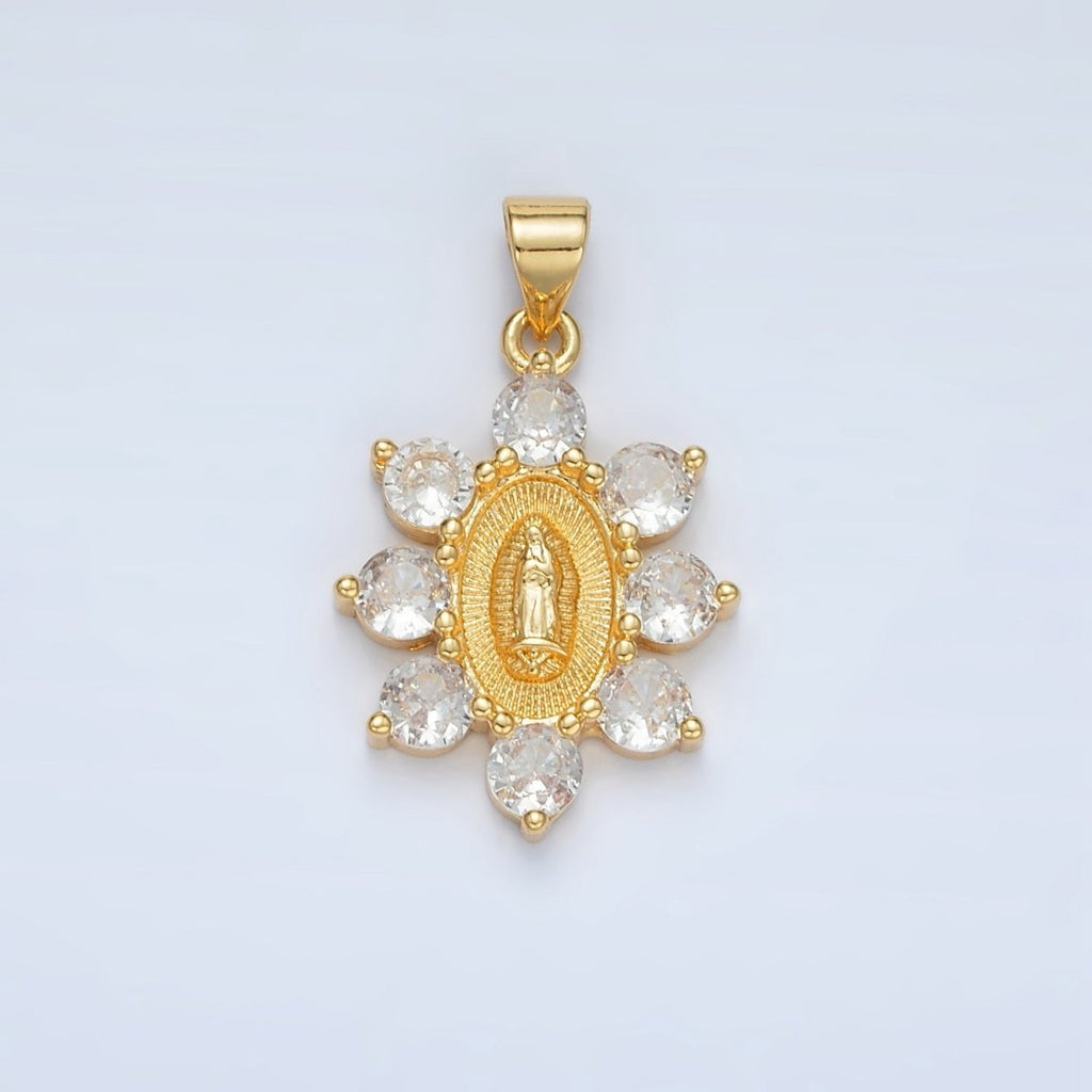 24K Gold plated Mother Mary Religious Figure CZ Dotted Flower Outline Pendant | AA1419 - DLUXCA