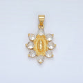 24K Gold plated Mother Mary Religious Figure CZ Dotted Flower Outline Pendant | AA1419 - DLUXCA