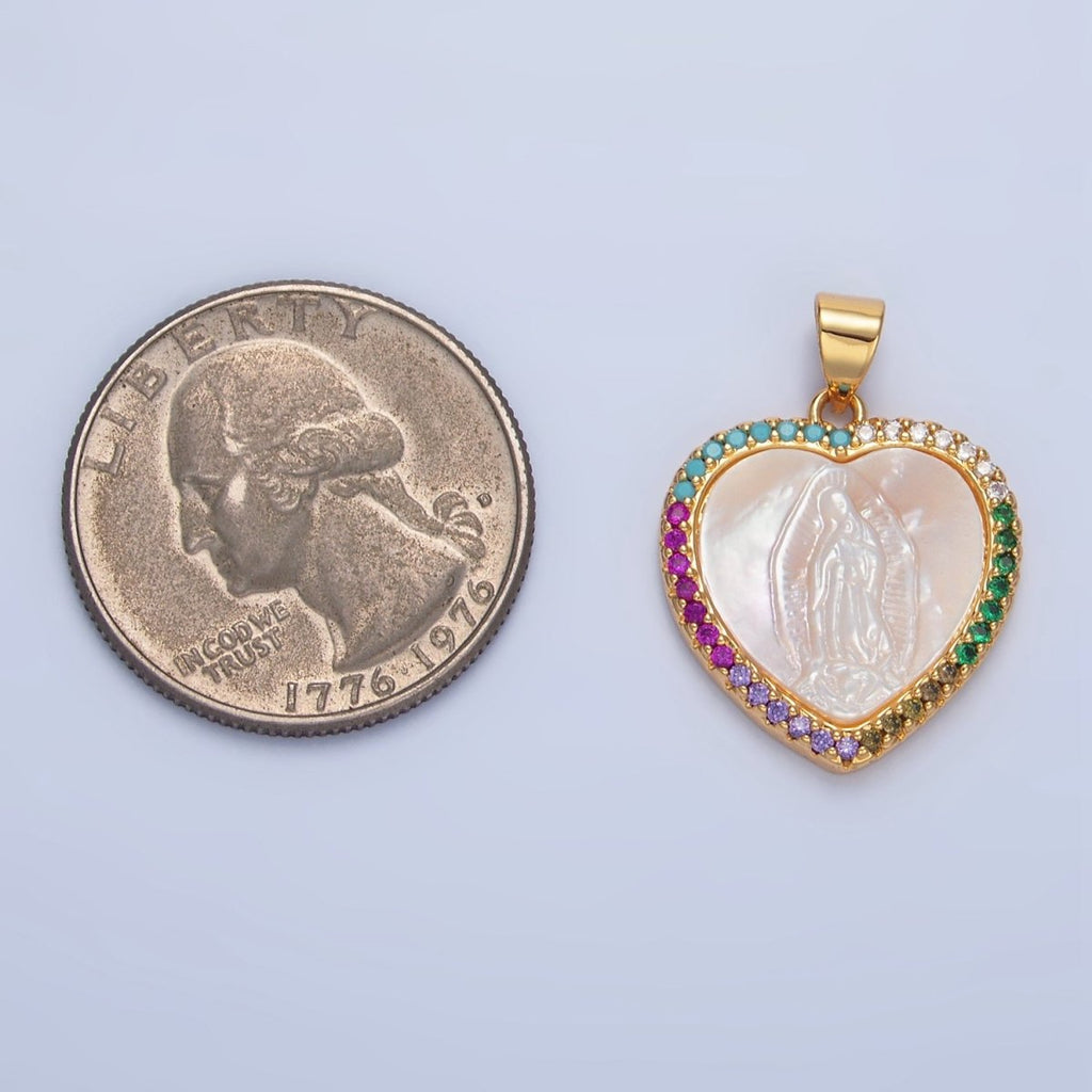 24K Gold plated Mother Mary Shell Pearl Micro Paved CZ Heart Bezel Pendant | AA784 - DLUXCA