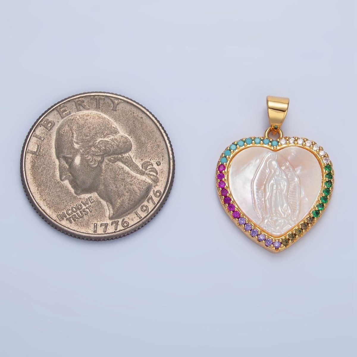 24K Gold plated Mother Mary Shell Pearl Micro Paved CZ Heart Bezel Pendant | AA784 - DLUXCA