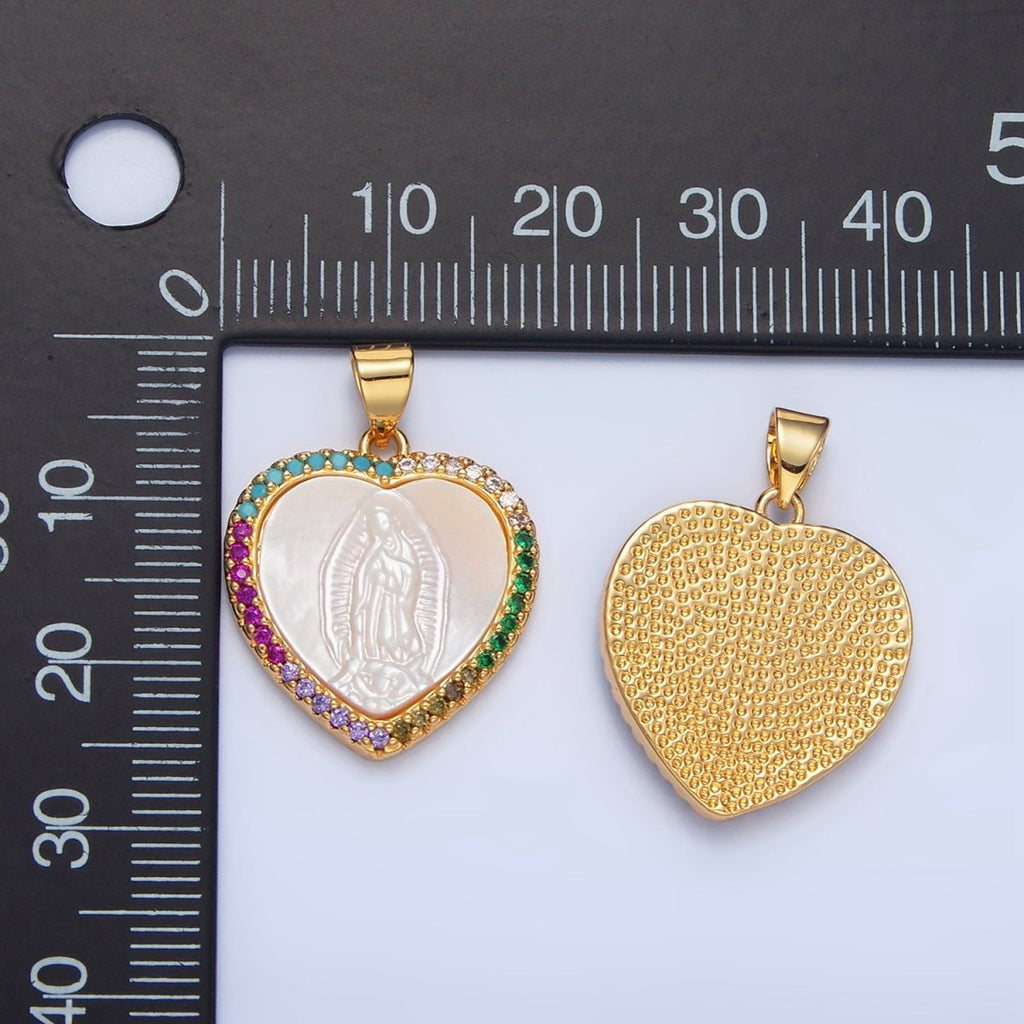 24K Gold plated Mother Mary Shell Pearl Micro Paved CZ Heart Bezel Pendant | AA784 - DLUXCA