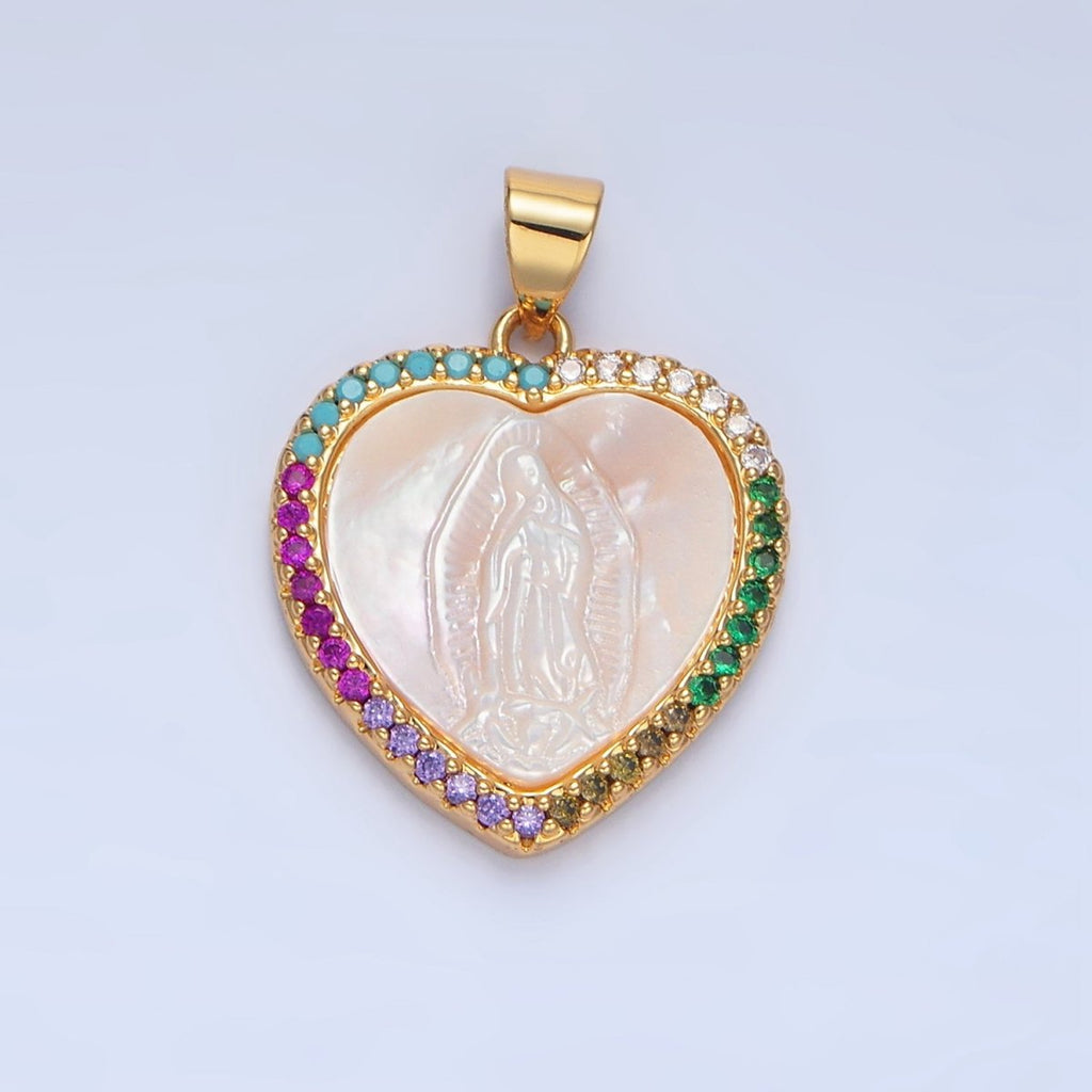 24K Gold plated Mother Mary Shell Pearl Micro Paved CZ Heart Bezel Pendant | AA784 - DLUXCA