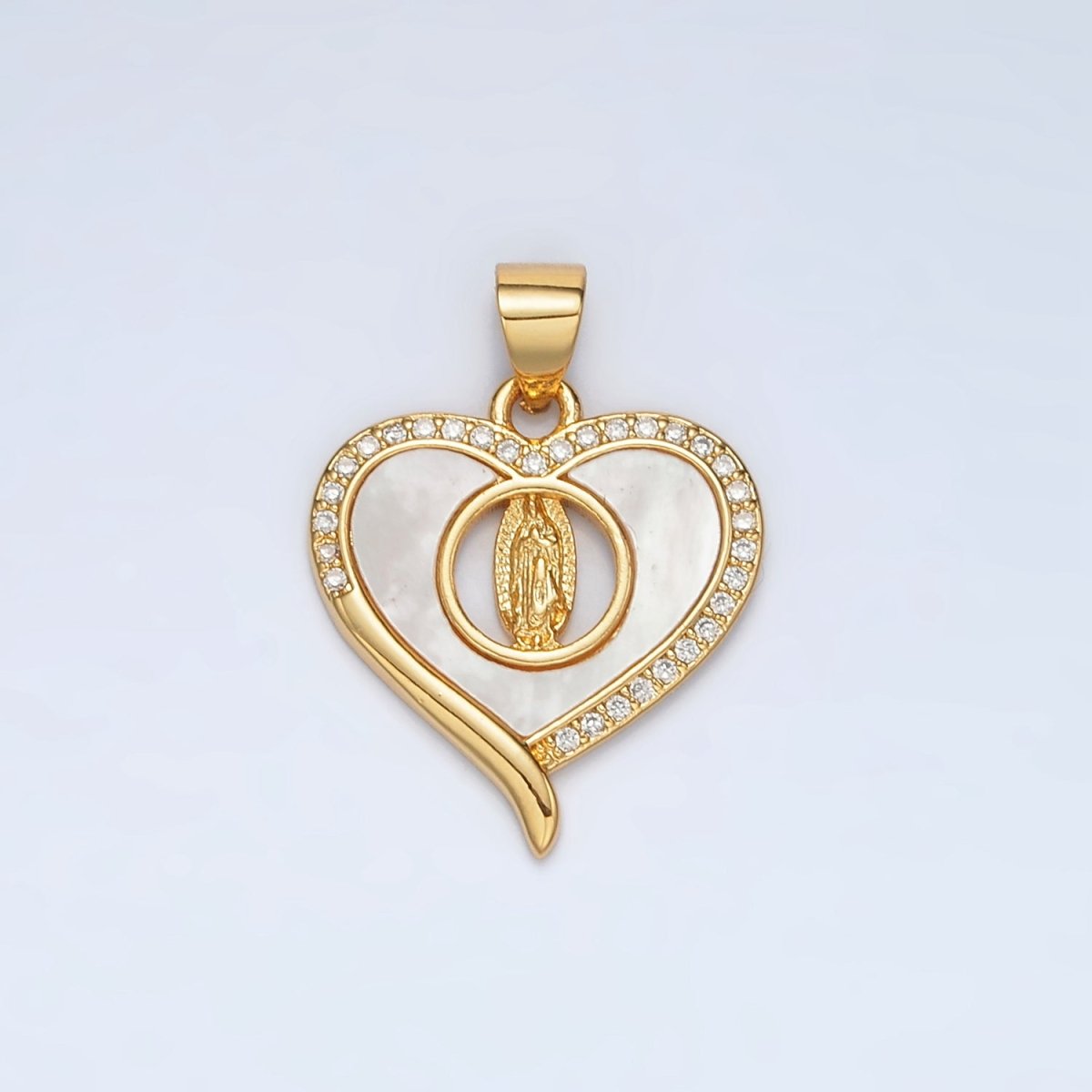 24K Gold plated Mother Mary Shell Pearl Micro Paved CZ Open Heart Pendant | AH182 - DLUXCA