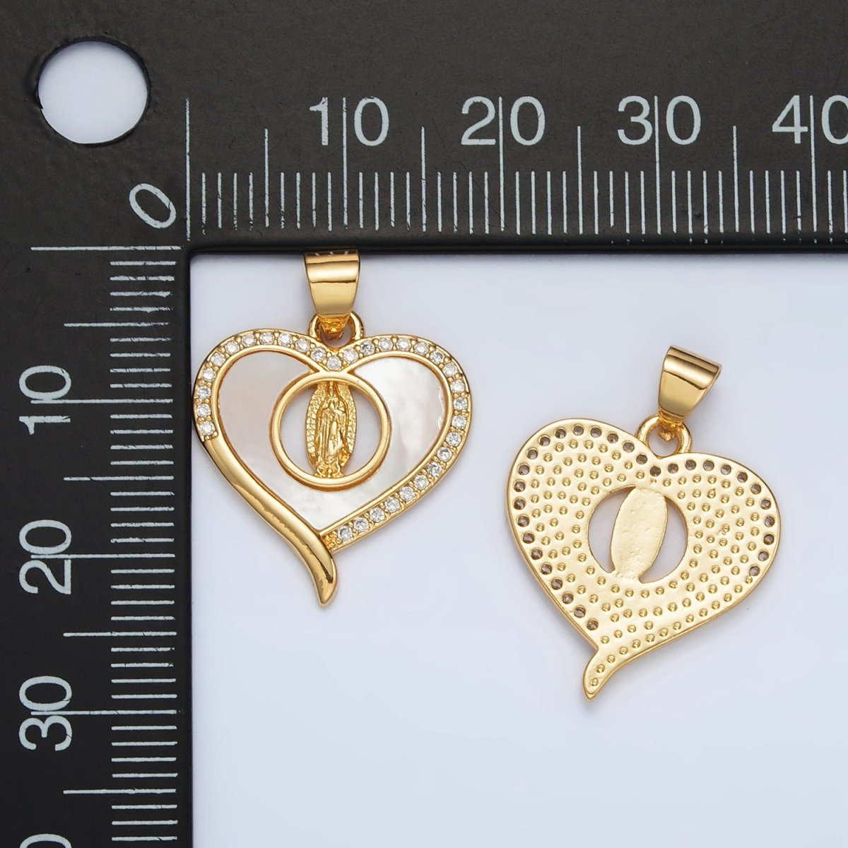24K Gold plated Mother Mary Shell Pearl Micro Paved CZ Open Heart Pendant | AH182 - DLUXCA