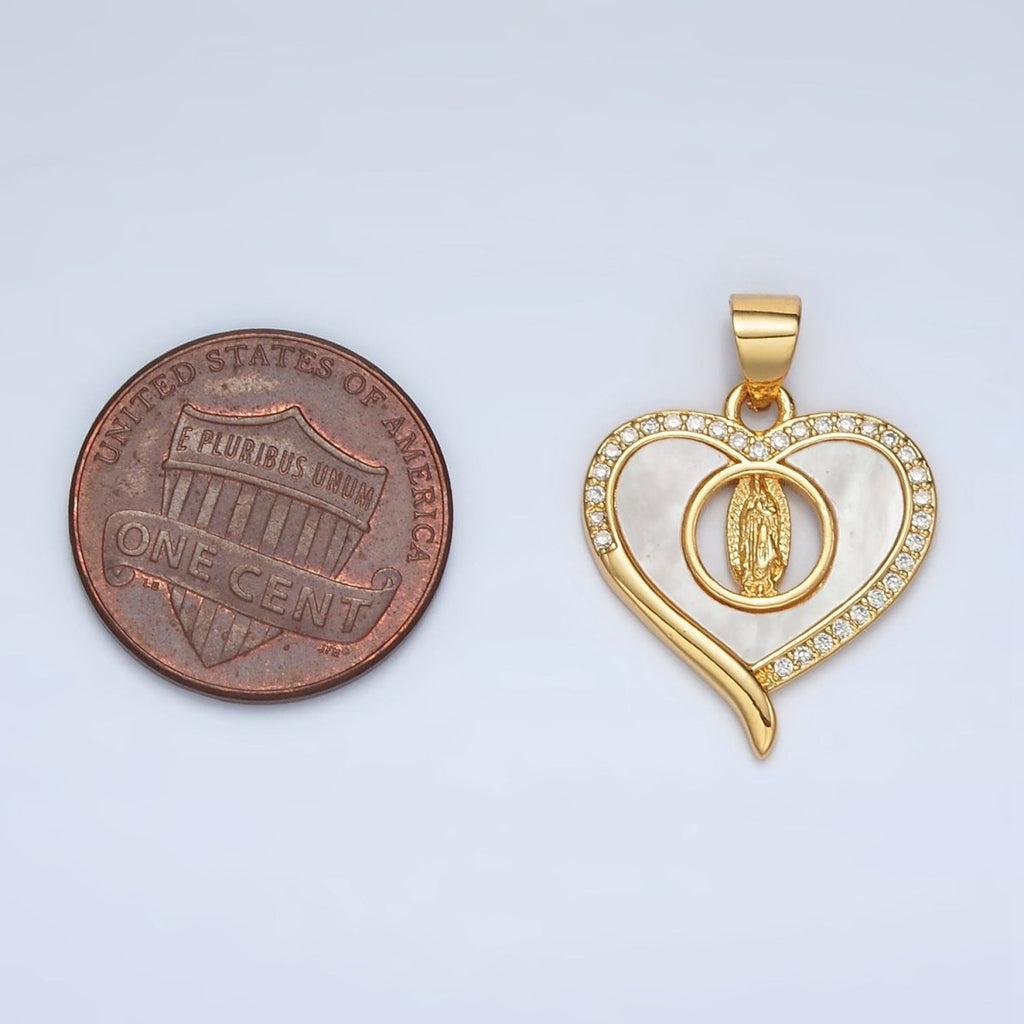 24K Gold plated Mother Mary Shell Pearl Micro Paved CZ Open Heart Pendant | AH182 - DLUXCA