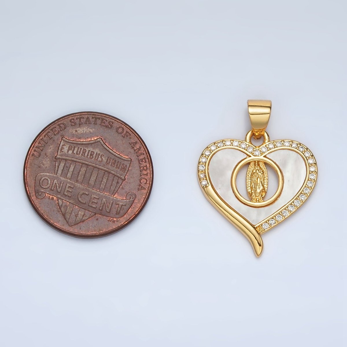 24K Gold plated Mother Mary Shell Pearl Micro Paved CZ Open Heart Pendant | AH182 - DLUXCA