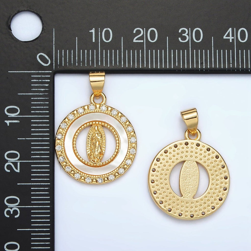 24K Gold plated Mother Mary Shell Pearl Micro Paved CZ Open Round Pendant | AH186 - DLUXCA