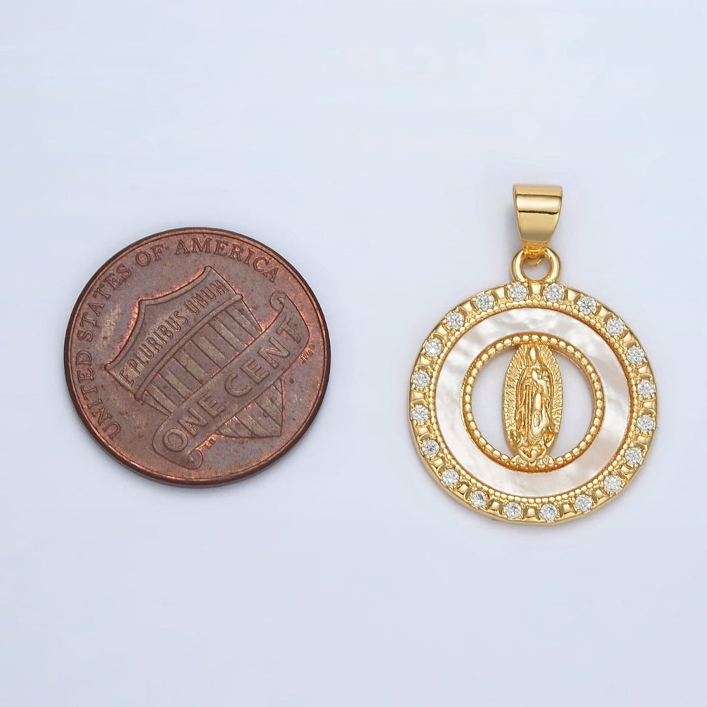 24K Gold plated Mother Mary Shell Pearl Micro Paved CZ Open Round Pendant | AH186 - DLUXCA