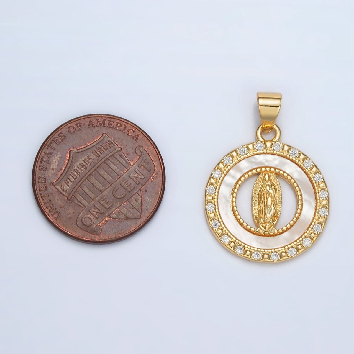 24K Gold plated Mother Mary Shell Pearl Micro Paved CZ Open Round Pendant | AH186 - DLUXCA