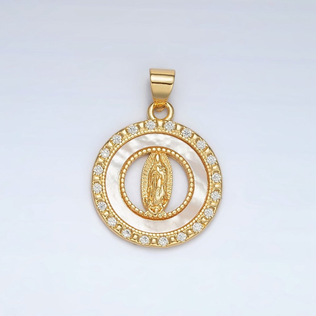 24K Gold plated Mother Mary Shell Pearl Micro Paved CZ Open Round Pendant | AH186 - DLUXCA