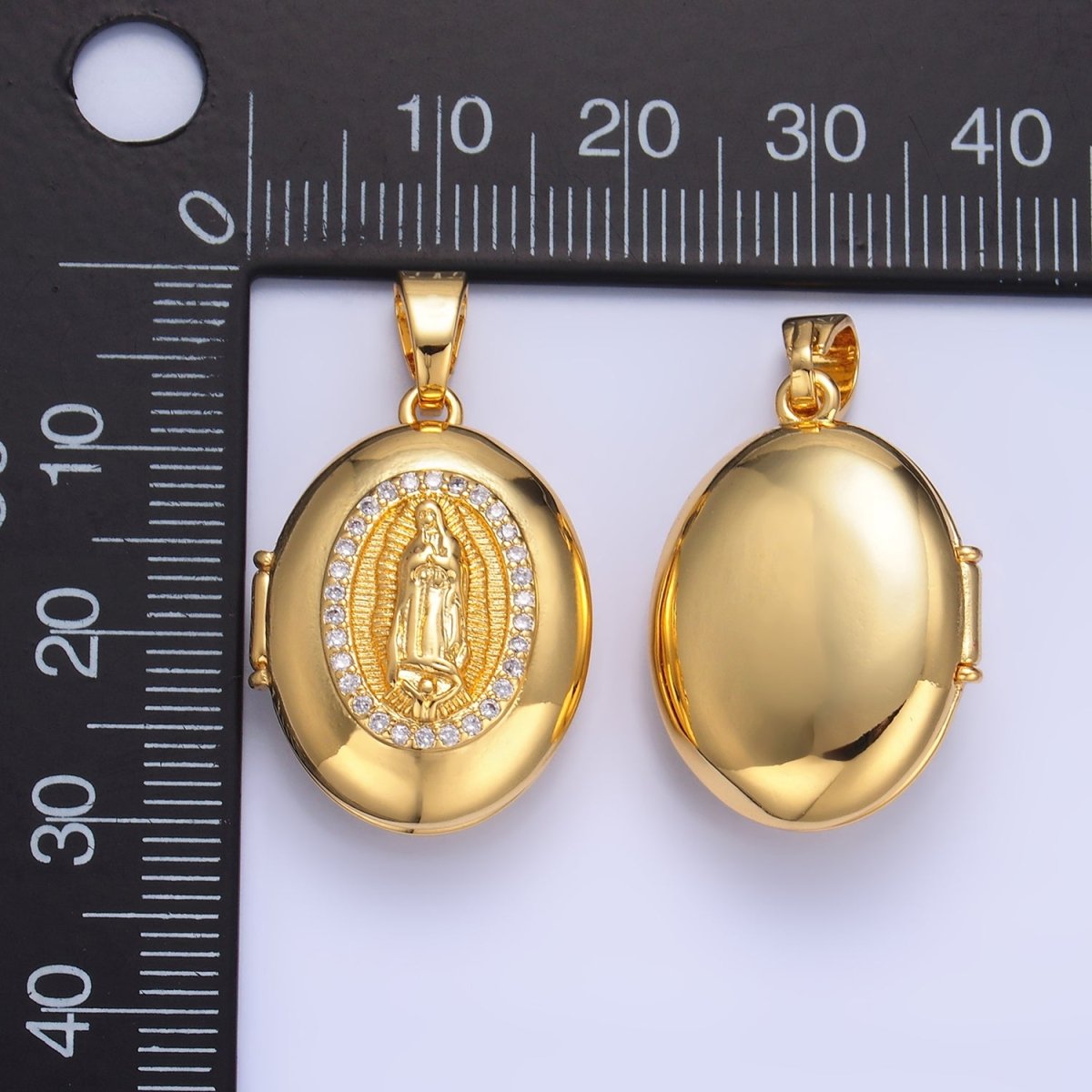 24K Gold plated Mother Virgin Mary Micro Paved CZ Oval Locket Pendant | AA1086 - DLUXCA
