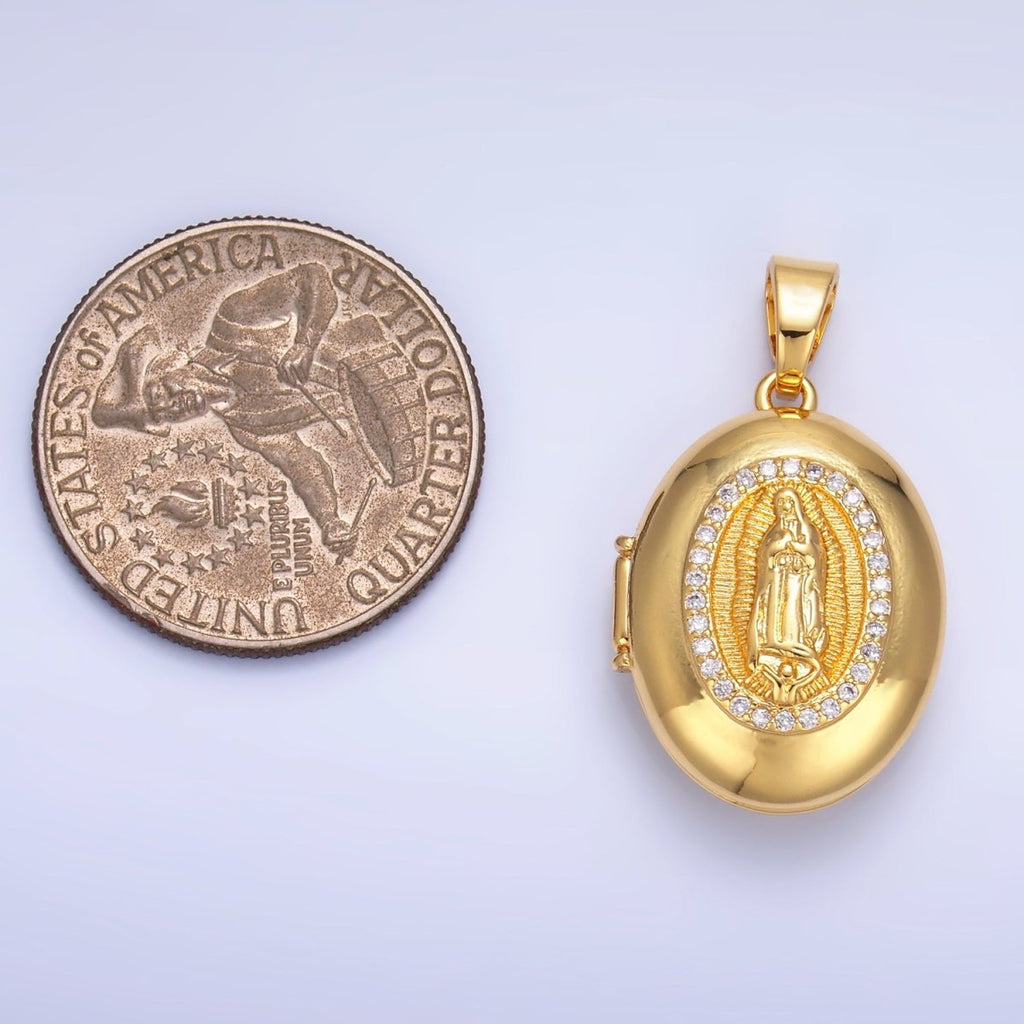 24K Gold plated Mother Virgin Mary Micro Paved CZ Oval Locket Pendant | AA1086 - DLUXCA