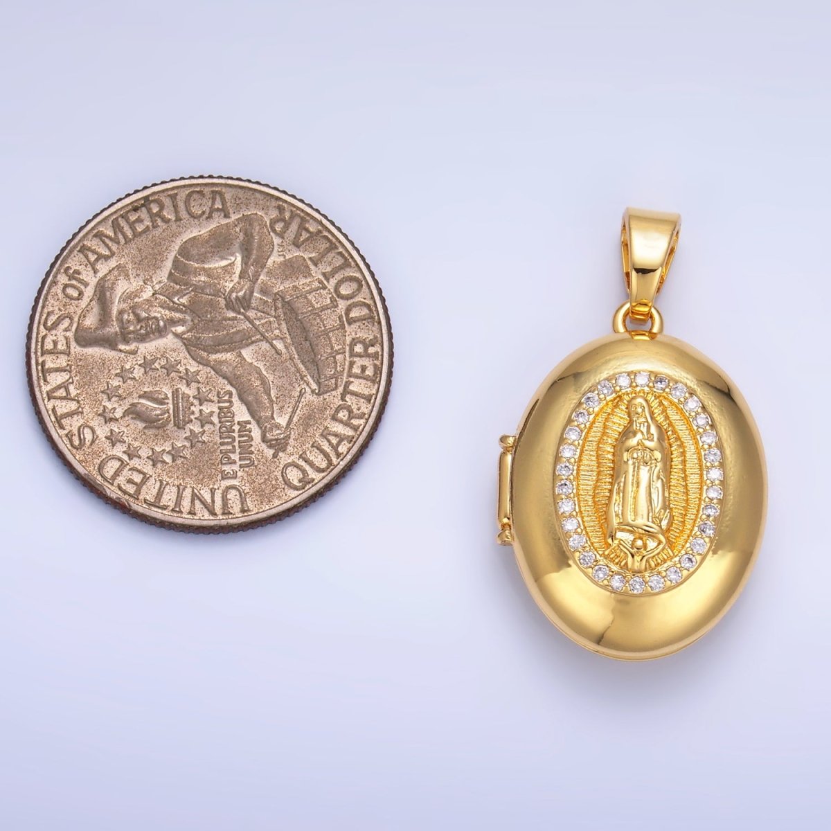 24K Gold plated Mother Virgin Mary Micro Paved CZ Oval Locket Pendant | AA1086 - DLUXCA