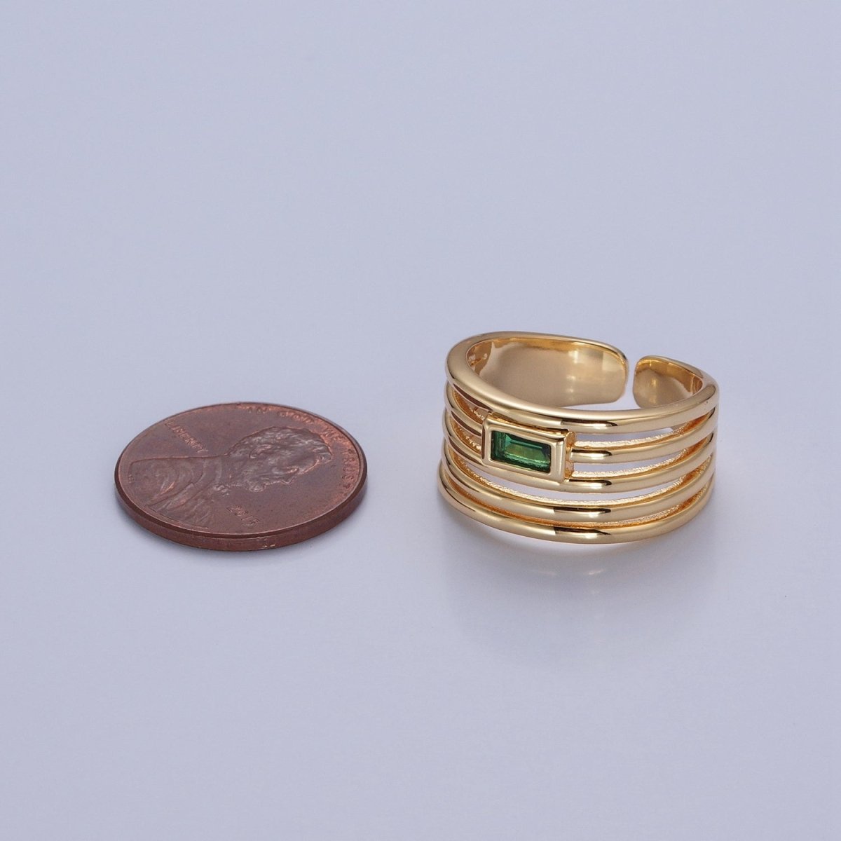 24K Gold plated Multiband Signet Ring with Emerald Green Baguette CZ Cubic Zirconia O-2284 - DLUXCA