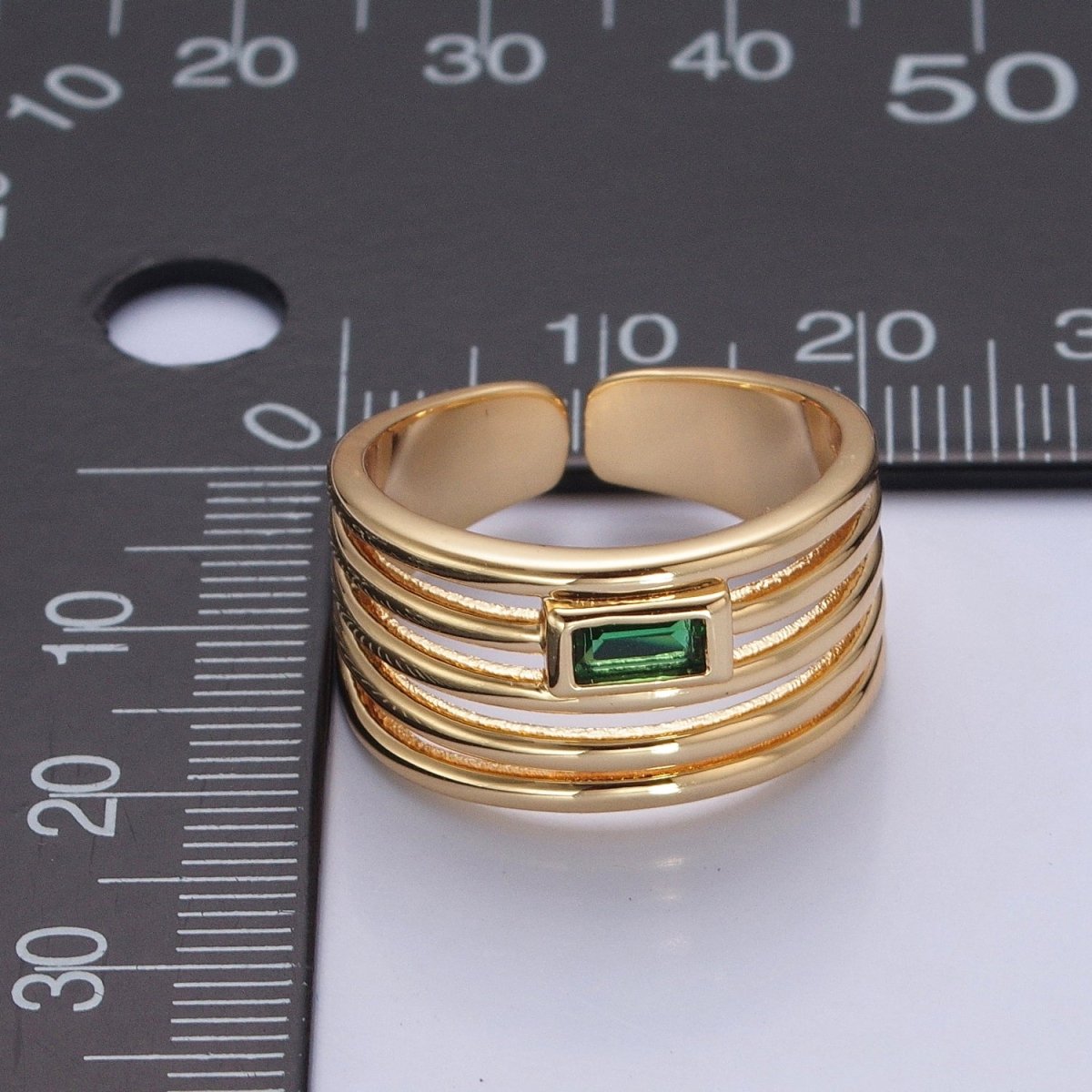 24K Gold plated Multiband Signet Ring with Emerald Green Baguette CZ Cubic Zirconia O-2284 - DLUXCA