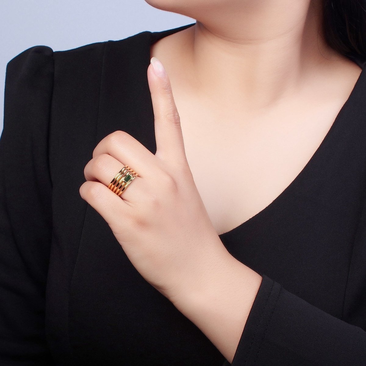 24K Gold plated Multiband Signet Ring with Emerald Green Baguette CZ Cubic Zirconia O-2284 - DLUXCA
