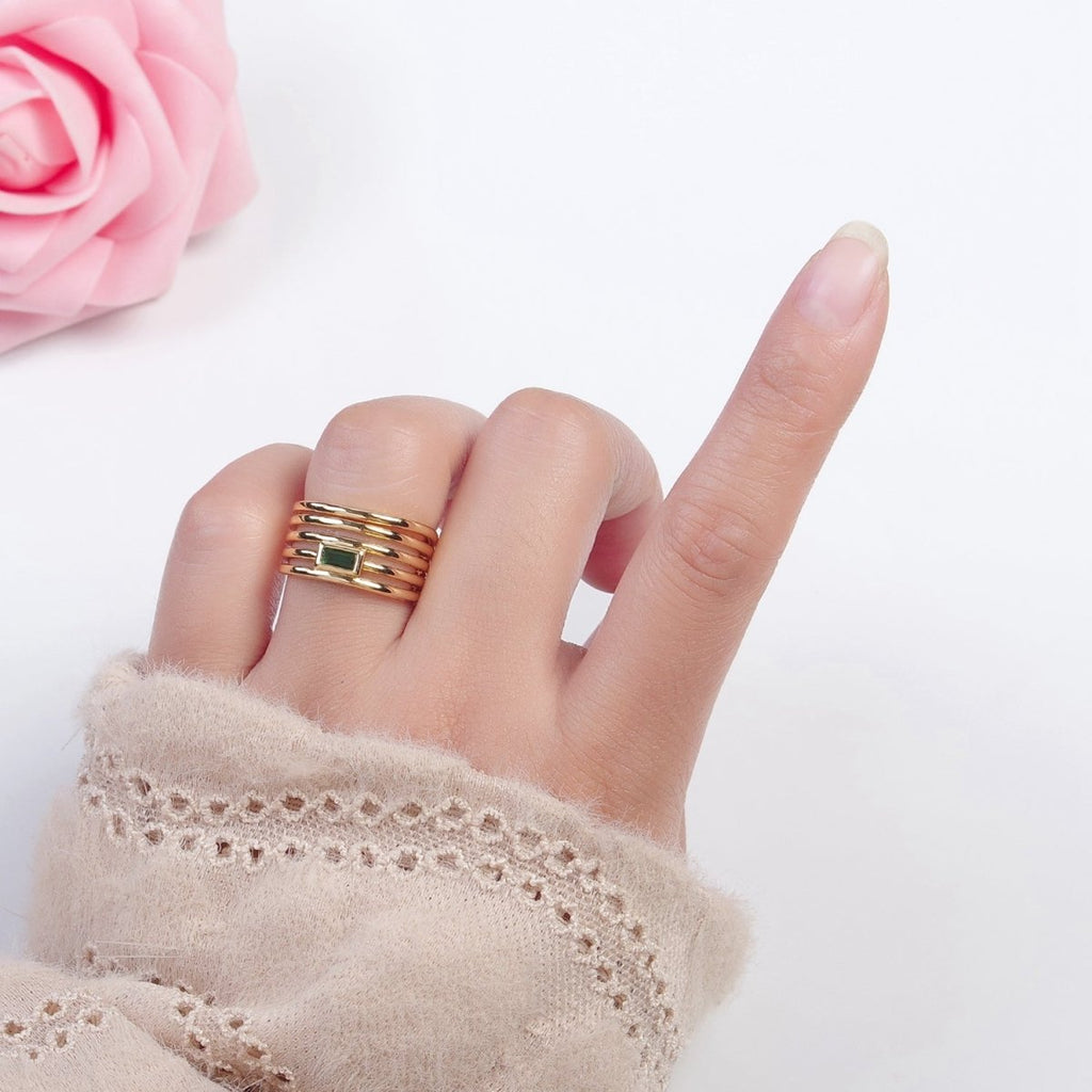 24K Gold plated Multiband Signet Ring with Emerald Green Baguette CZ Cubic Zirconia O-2284 - DLUXCA