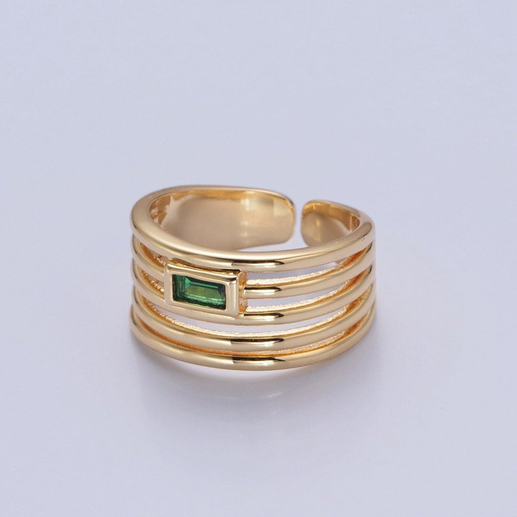 24K Gold plated Multiband Signet Ring with Emerald Green Baguette CZ Cubic Zirconia O-2284 - DLUXCA