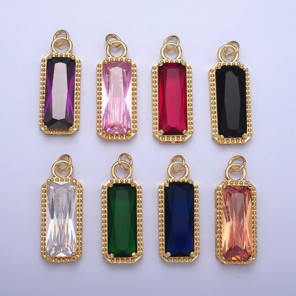 24K Gold plated Multicolor Baguette Cubic Zirconia Beaded Charm For Jewelry Making X042-X049