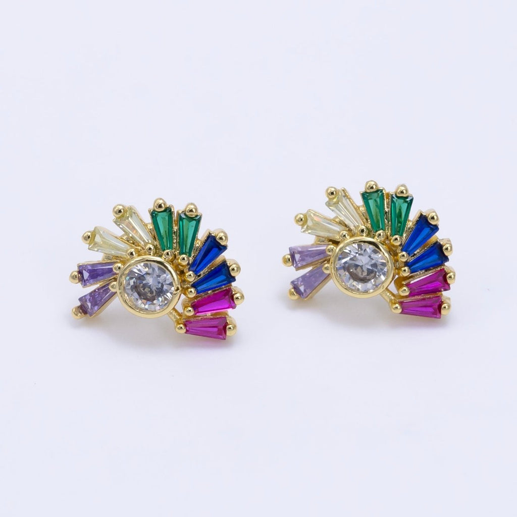 24K Gold plated Multicolor Baguette CZ Circular Stud Earrings | AD759 - DLUXCA