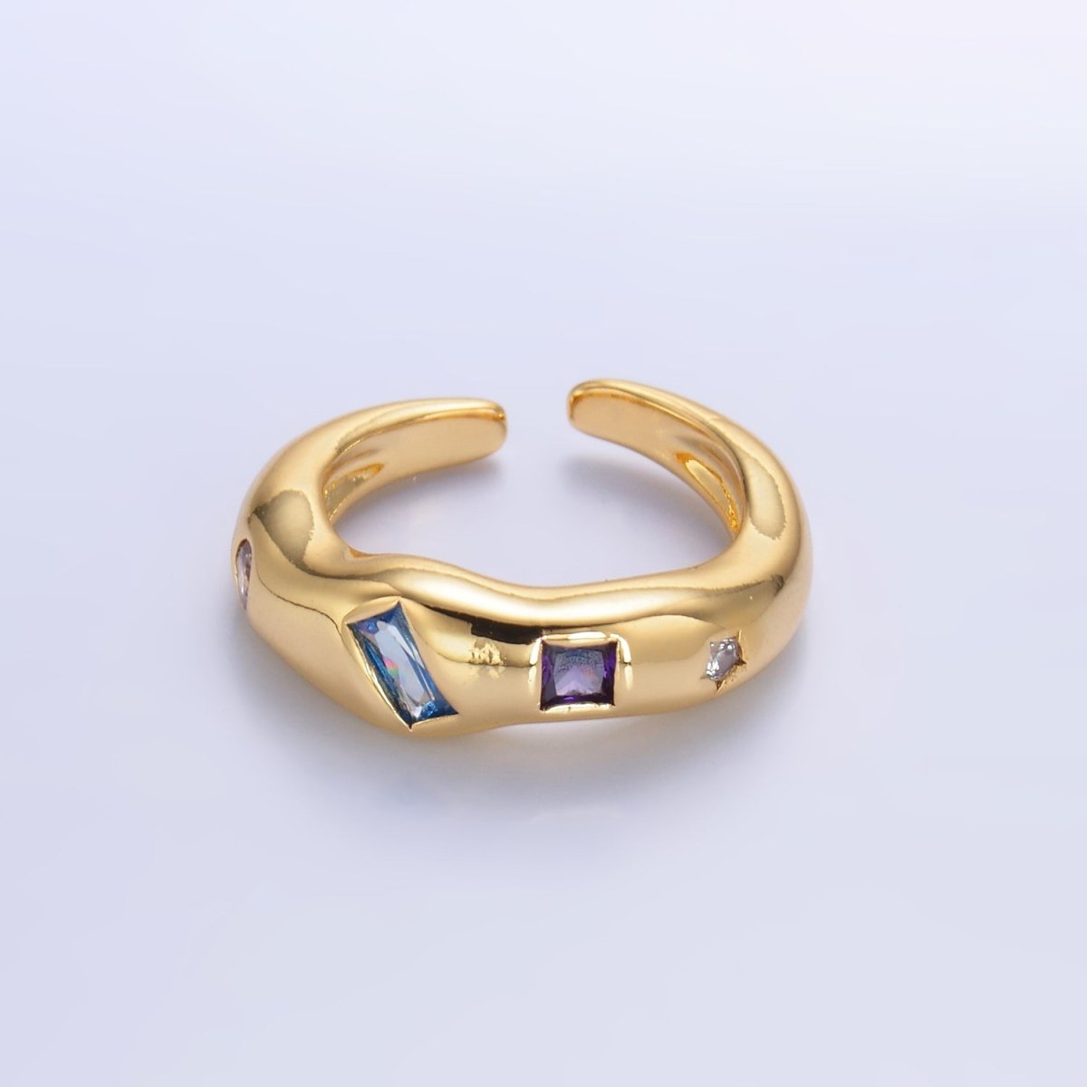 24K Gold plated Multicolor Baguette CZ Geometric Molten Band Ring in Silver & Gold | O756 O761 - DLUXCA