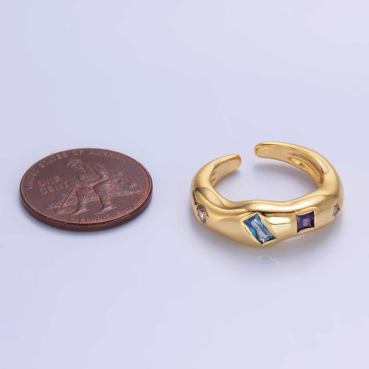 24K Gold plated Multicolor Baguette CZ Geometric Molten Band Ring in Silver & Gold | O756 O761 - DLUXCA