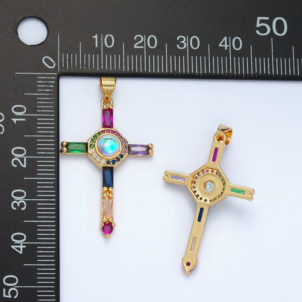 24K Gold plated Multicolor Baguette Micro Paved CZ Cross Pendant | AA1365 - DLUXCA