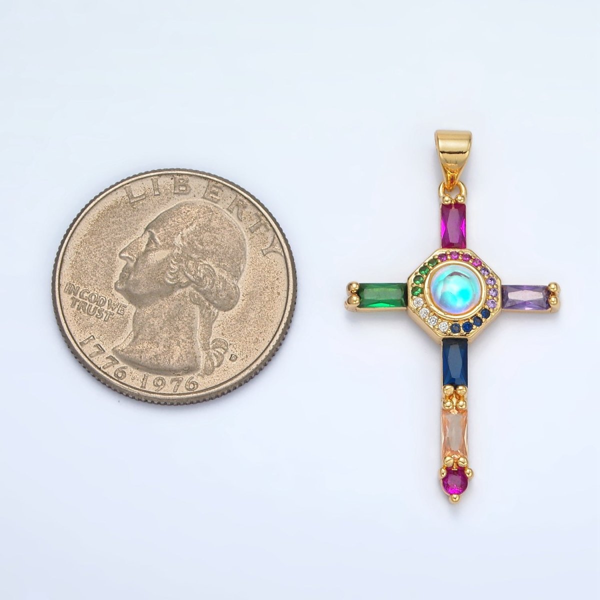 24K Gold plated Multicolor Baguette Micro Paved CZ Cross Pendant | AA1365 - DLUXCA