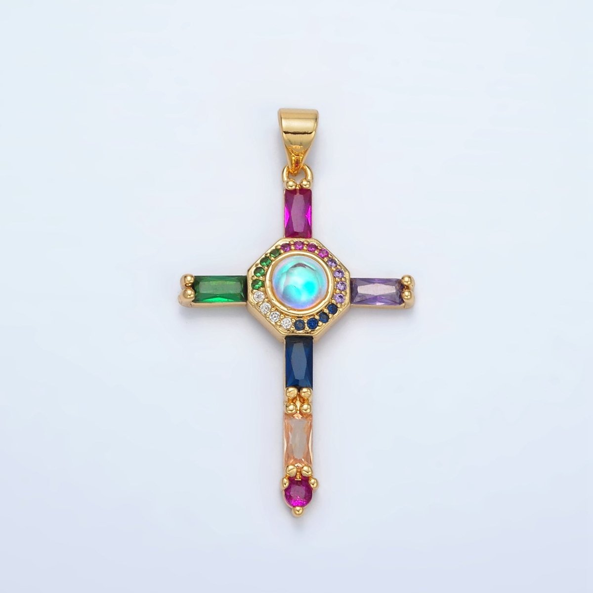 24K Gold plated Multicolor Baguette Micro Paved CZ Cross Pendant | AA1365 - DLUXCA