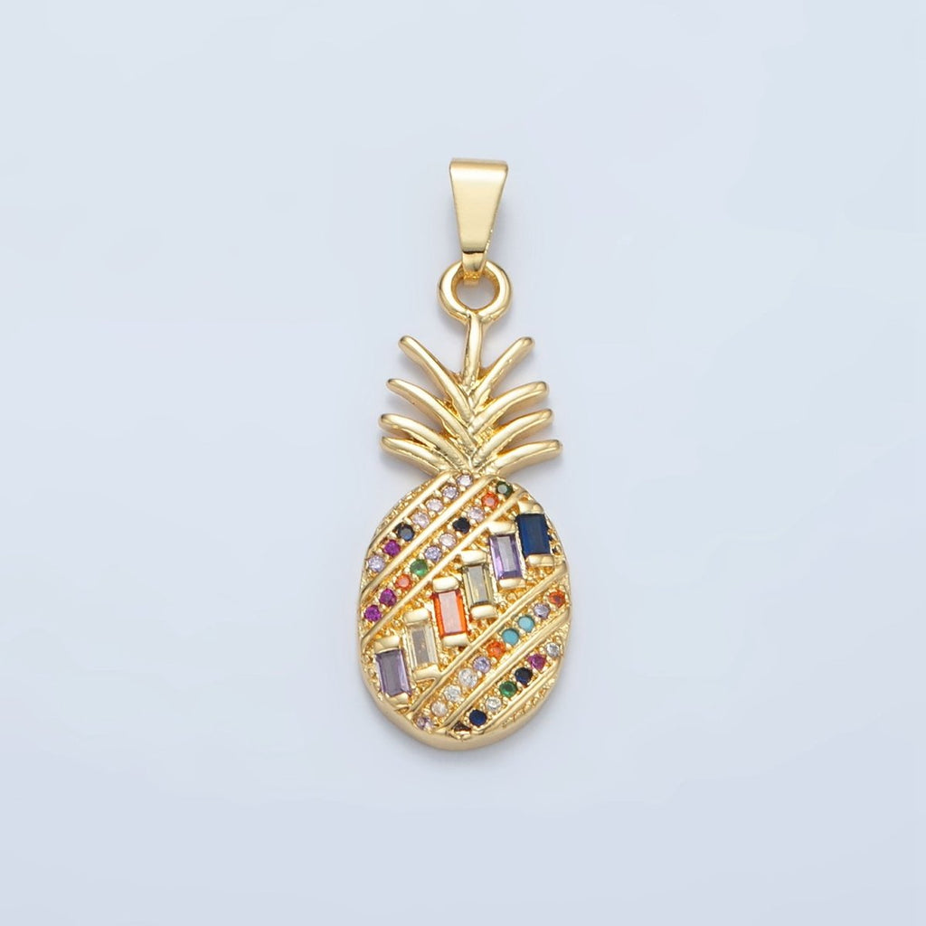 24K Gold plated Multicolor Baguette Micro Paved CZ Pineapple Fruit Pendant | I754 - DLUXCA