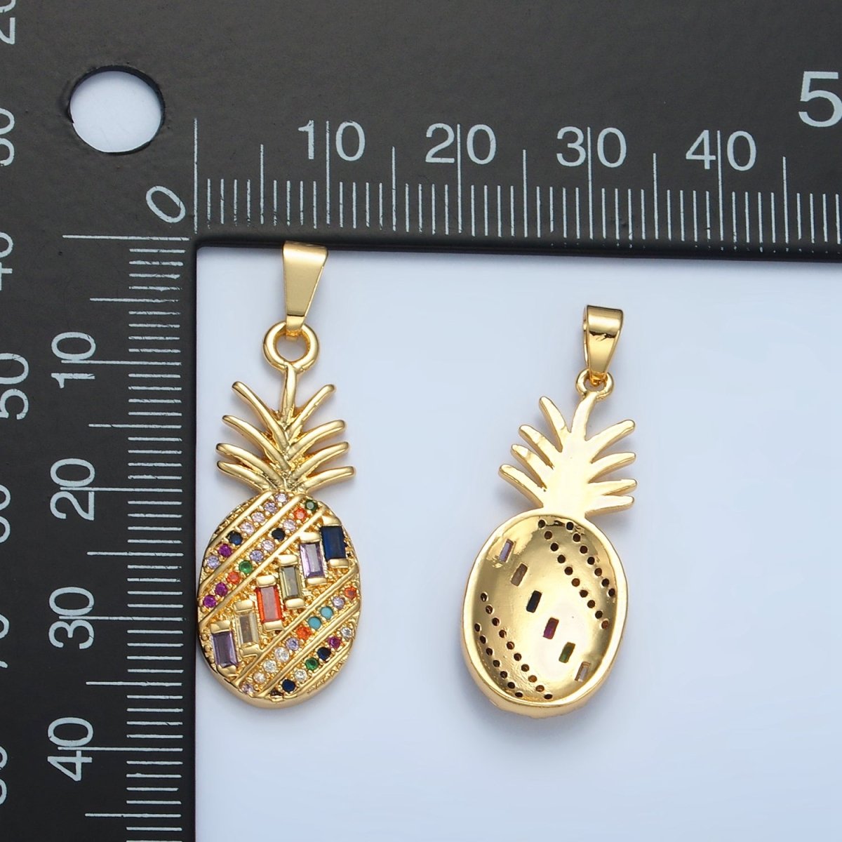 24K Gold plated Multicolor Baguette Micro Paved CZ Pineapple Fruit Pendant | I754 - DLUXCA