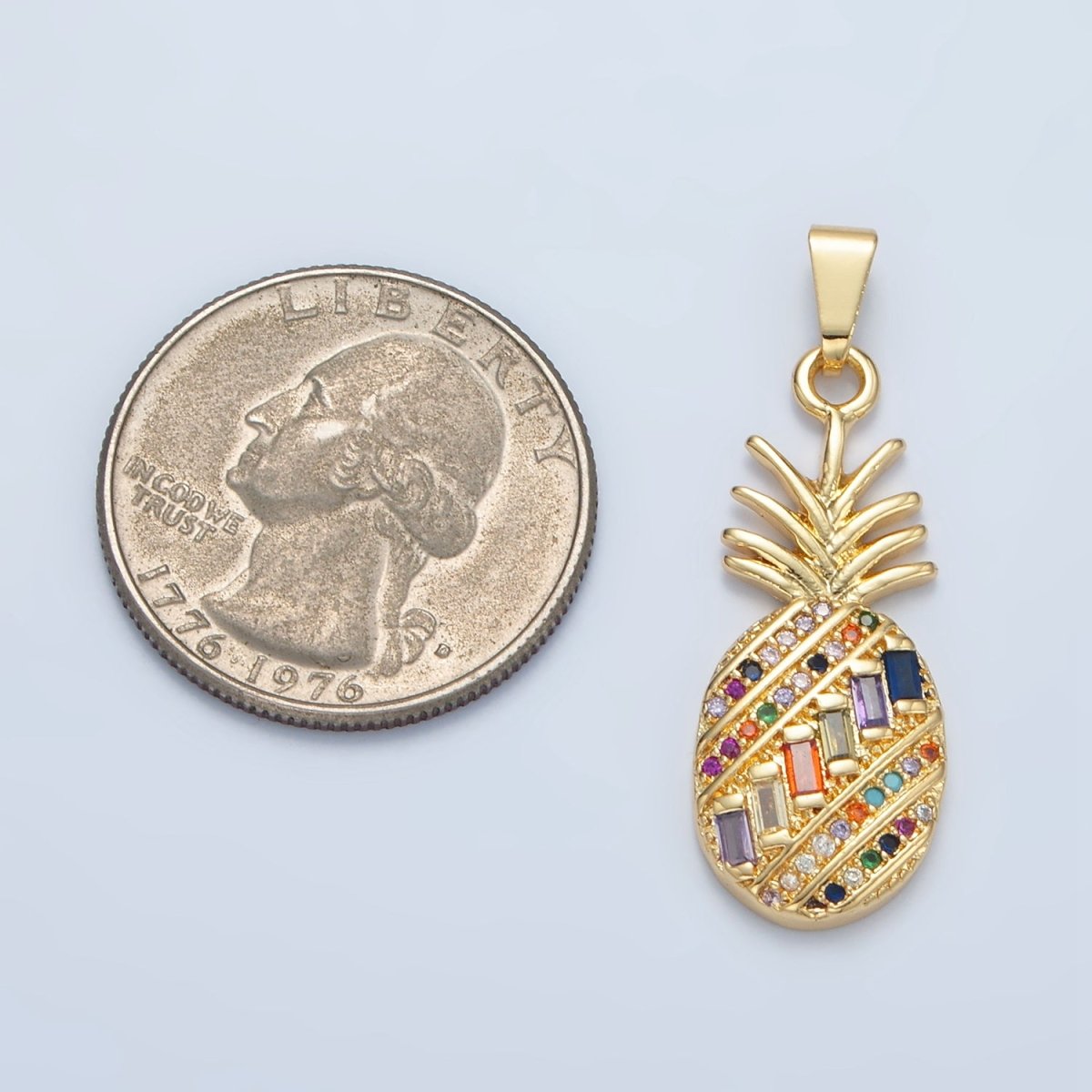 24K Gold plated Multicolor Baguette Micro Paved CZ Pineapple Fruit Pendant | I754 - DLUXCA