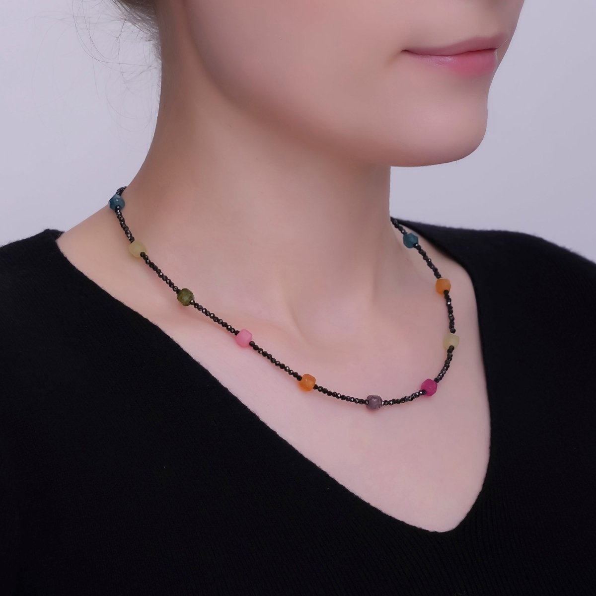 24K Gold plated Multicolor Black Gemstone Gemstone Bead 16.5 Inch Necklace | WA - 2867 
