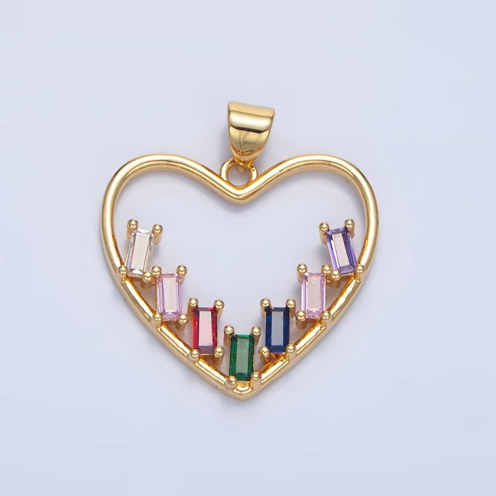 24K Gold plated Multicolor CZ Baguette Open Heart Bezel Pendant | AA781 - DLUXCA