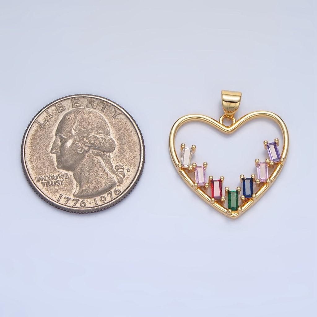 24K Gold plated Multicolor CZ Baguette Open Heart Bezel Pendant | AA781 - DLUXCA