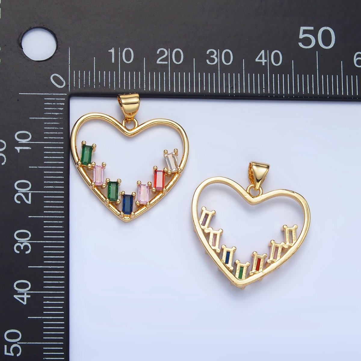 24K Gold plated Multicolor CZ Baguette Open Heart Bezel Pendant | AA781 - DLUXCA